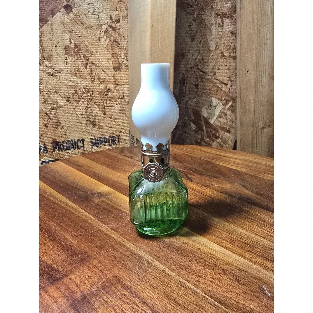 Vintage Miniature Green Glass Oil Lamp White Milk Glass Chimney Hong Kong 5 inch